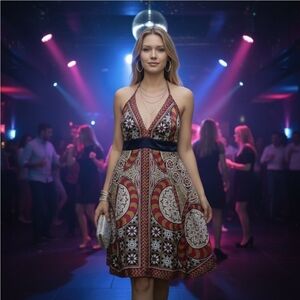 🎁Criss-Cross Halter Dress VINTAGE Y2K Rubber Ducky Productions, Red- Blue-white